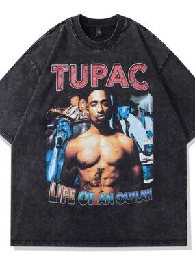 Tupac Vintage Graphic Tee | Life of an Outlaw | Washed Black Oversized Shirt